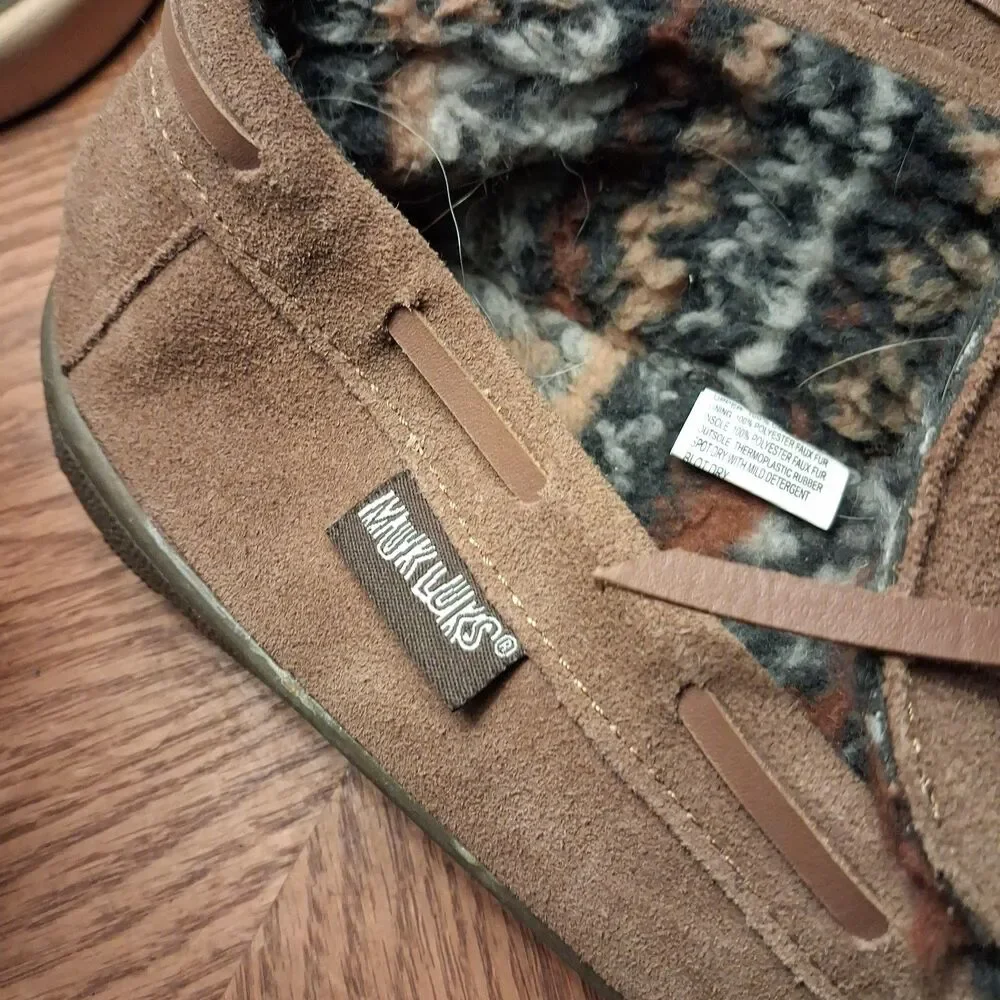 Men's Muk Luks Tan Brown Suede Slipper Fleece Lining Size 11 Adult Casual Soft